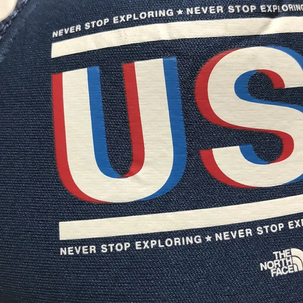 USA Trucker Hat The North Face Snap Strap Cap Mesh Blue Screen Printed Patriotic